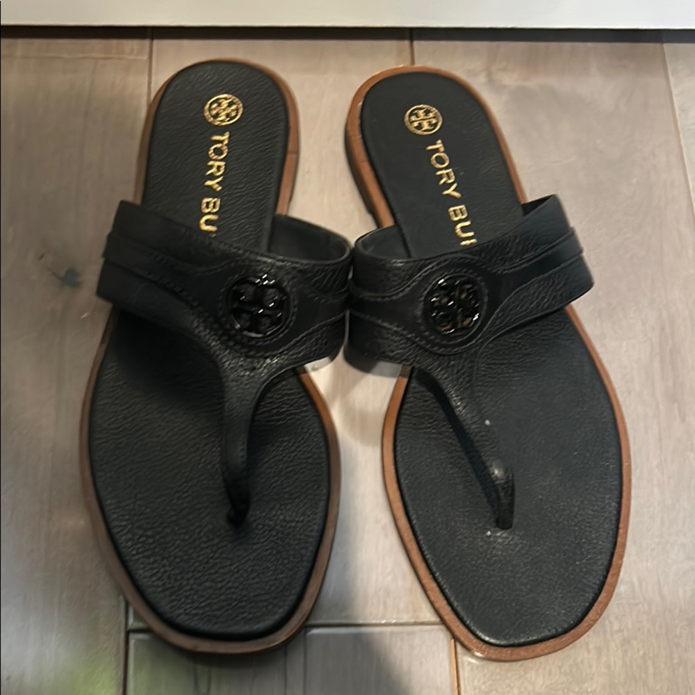 Tory Burch Black Sandals with Medallion and Leather Straps